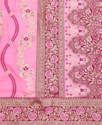 Pink zari woven leheria silk blend saree with blouse piece 5