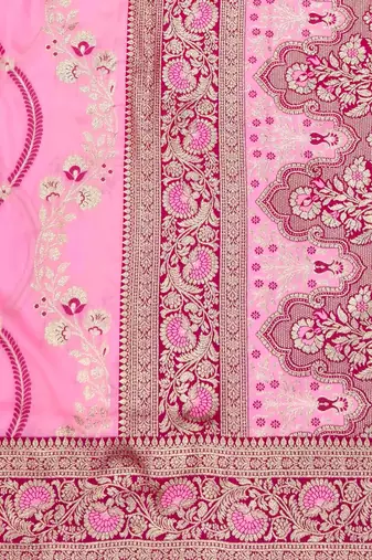 Pink zari woven leheria silk blend saree with blouse piece