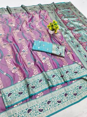 Purple zari woven leheria silk blend saree with blouse piece 1