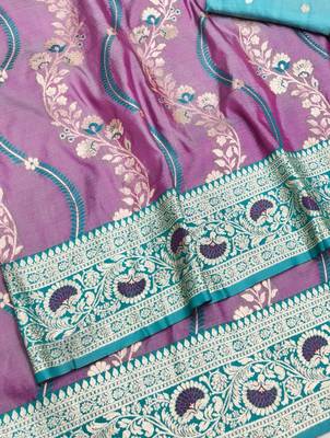 Purple zari woven leheria silk blend saree with blouse piece 3