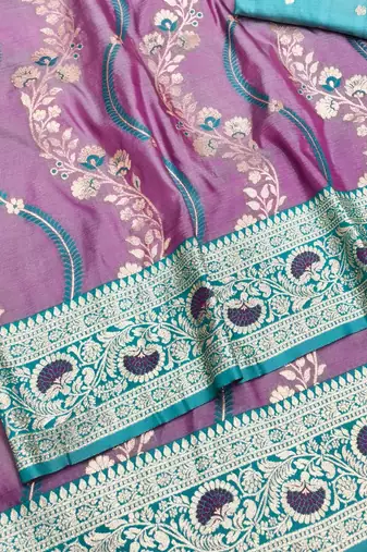 Purple zari woven leheria silk blend saree with blouse piece