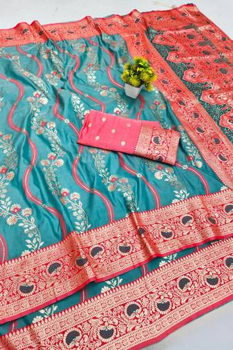 Light blue zari woven leheria silk blend saree with blouse piece