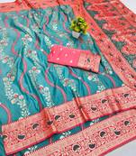 Light blue zari woven leheria silk blend saree with blouse piece