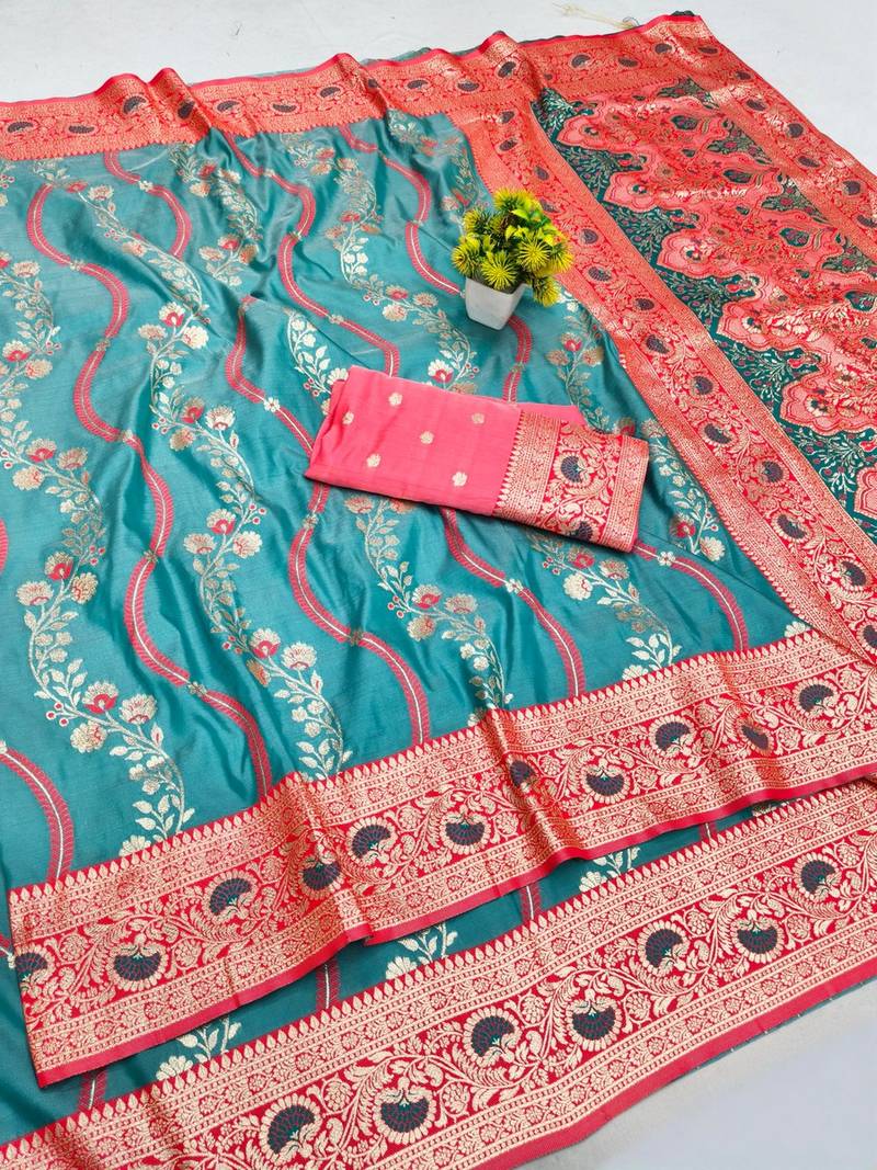 Light blue zari woven leheria silk blend saree with blouse piece