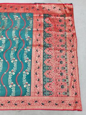 Light blue zari woven leheria silk blend saree with blouse piece 2
