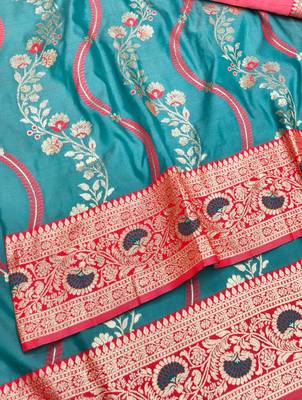 Light blue zari woven leheria silk blend saree with blouse piece 3