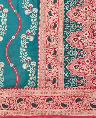 Light blue zari woven leheria silk blend saree with blouse piece 5