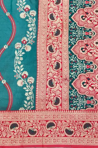 Light blue zari woven leheria silk blend saree with blouse piece
