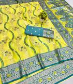 Lime zari woven leheria silk blend saree with blouse piece