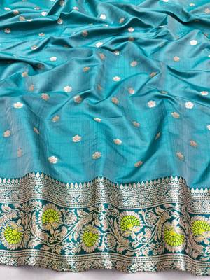 Lime zari woven leheria silk blend saree with blouse piece 4