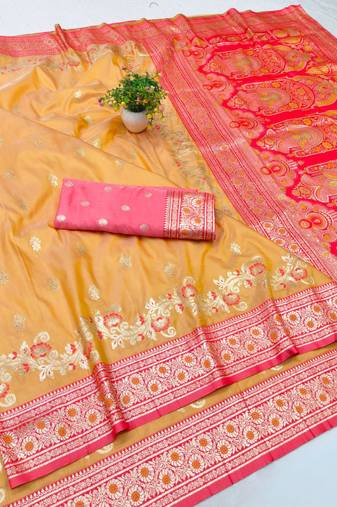 Orange zari woven silk blend saree with blouse piece