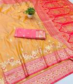 Orange zari woven banarasi silk blend saree with blouse piece