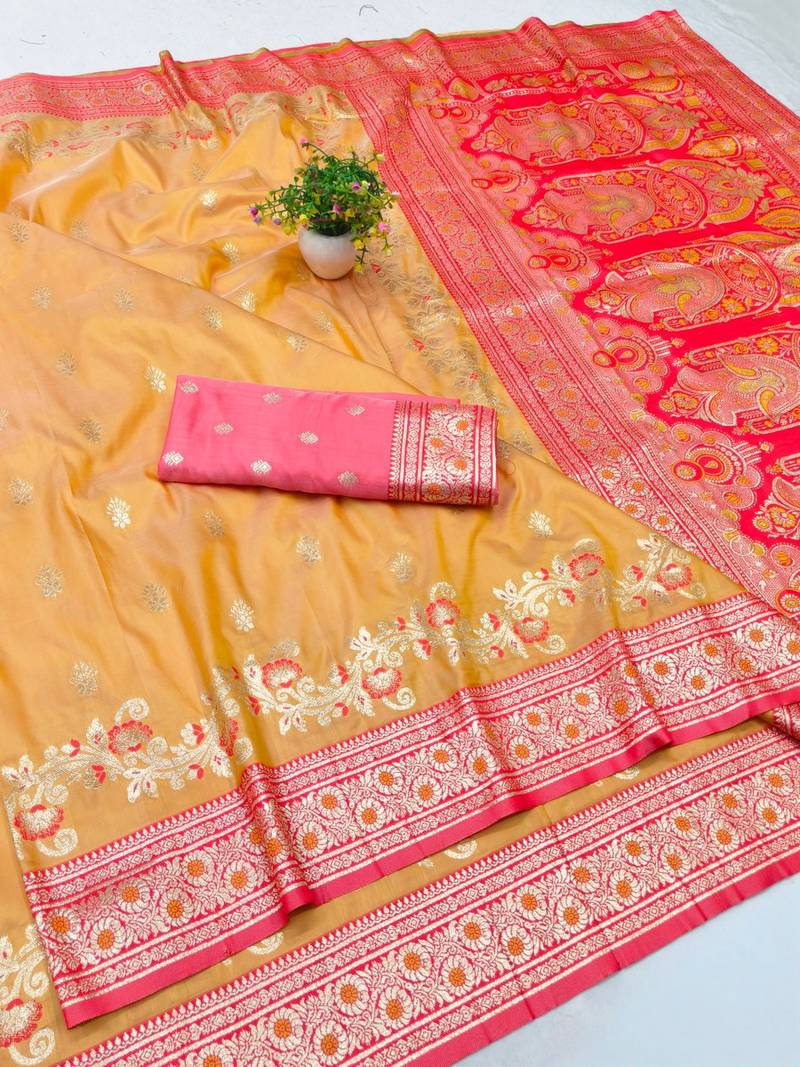 Orange zari woven banarasi silk blend saree with blouse piece