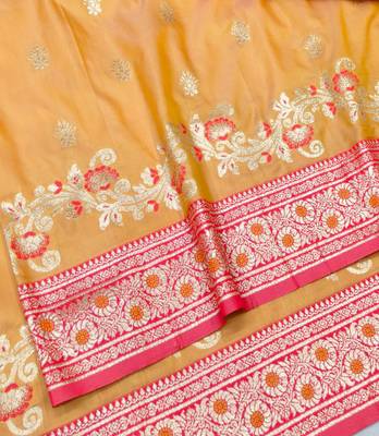 Orange zari woven silk blend saree with blouse piece 3