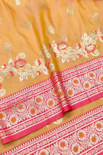 Orange zari woven silk blend saree with blouse piece