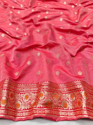 Orange zari woven silk blend saree with blouse piece 5