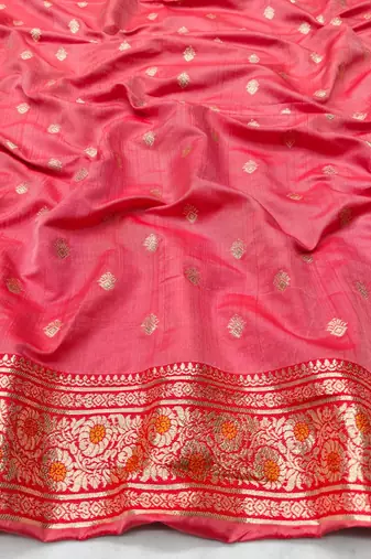 Orange zari woven silk blend saree with blouse piece