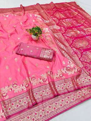 Pink zari woven silk blend saree with blouse piece 1
