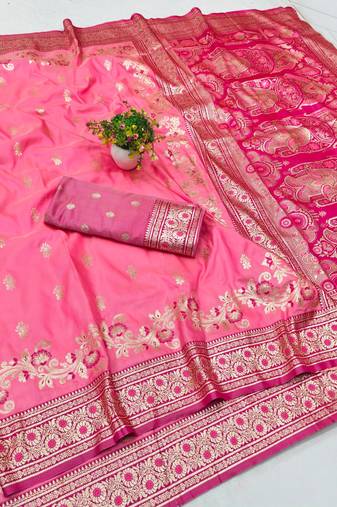 Pink zari woven silk blend saree with blouse piece