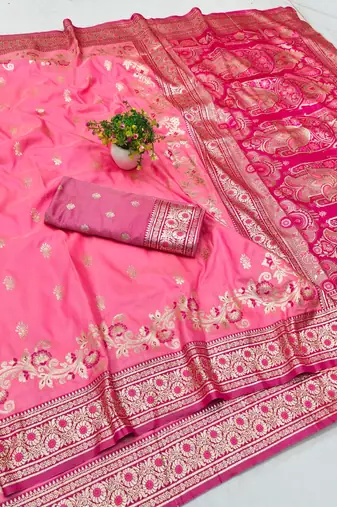 Pink zari woven banarasi silk blend saree with blouse piece