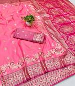 Pink zari woven banarasi silk blend saree with blouse piece