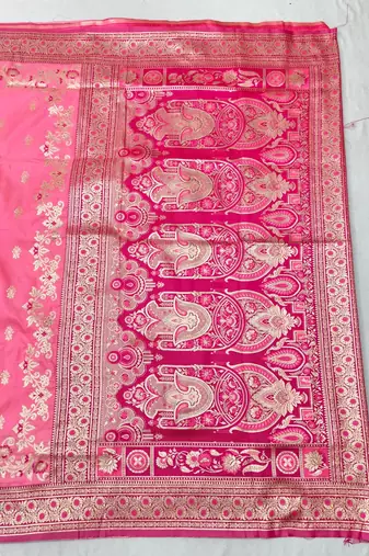 Pink zari woven silk blend saree with blouse piece