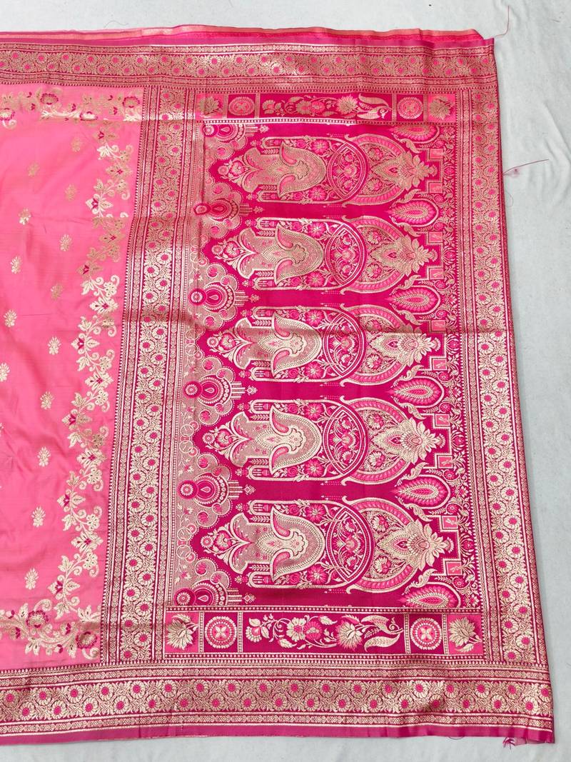 Pink zari woven banarasi silk blend saree with blouse piece