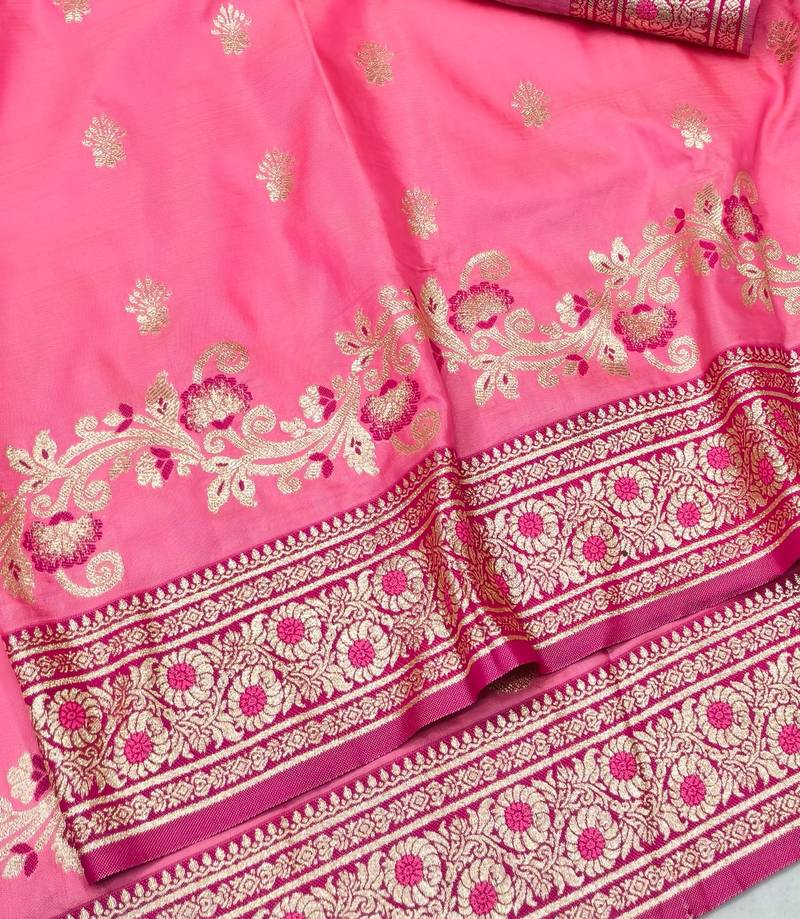 Pink zari woven banarasi silk blend saree with blouse piece