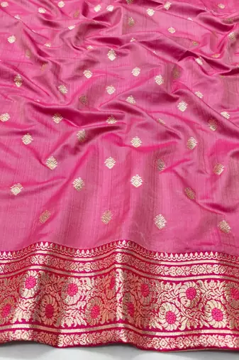 Pink zari woven silk blend saree with blouse piece