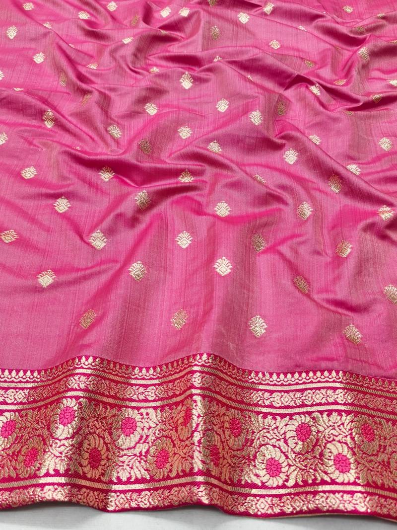 Pink zari woven banarasi silk blend saree with blouse piece