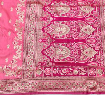 Pink zari woven silk blend saree with blouse piece 5