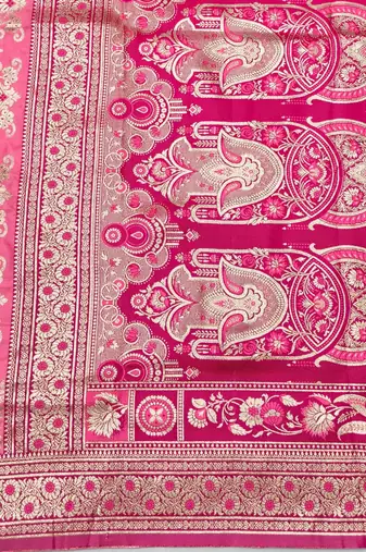 Pink zari woven silk blend saree with blouse piece