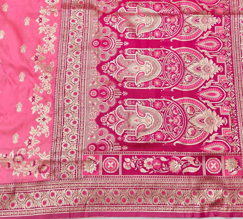 Pink zari woven banarasi silk blend saree with blouse piece