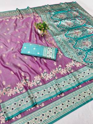 Purple zari woven silk blend saree with blouse piece 1