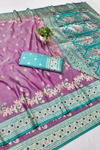 Purple zari woven banarasi silk blend saree with blouse piece