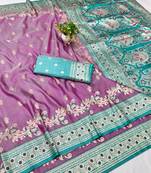 Purple zari woven banarasi silk blend saree with blouse piece