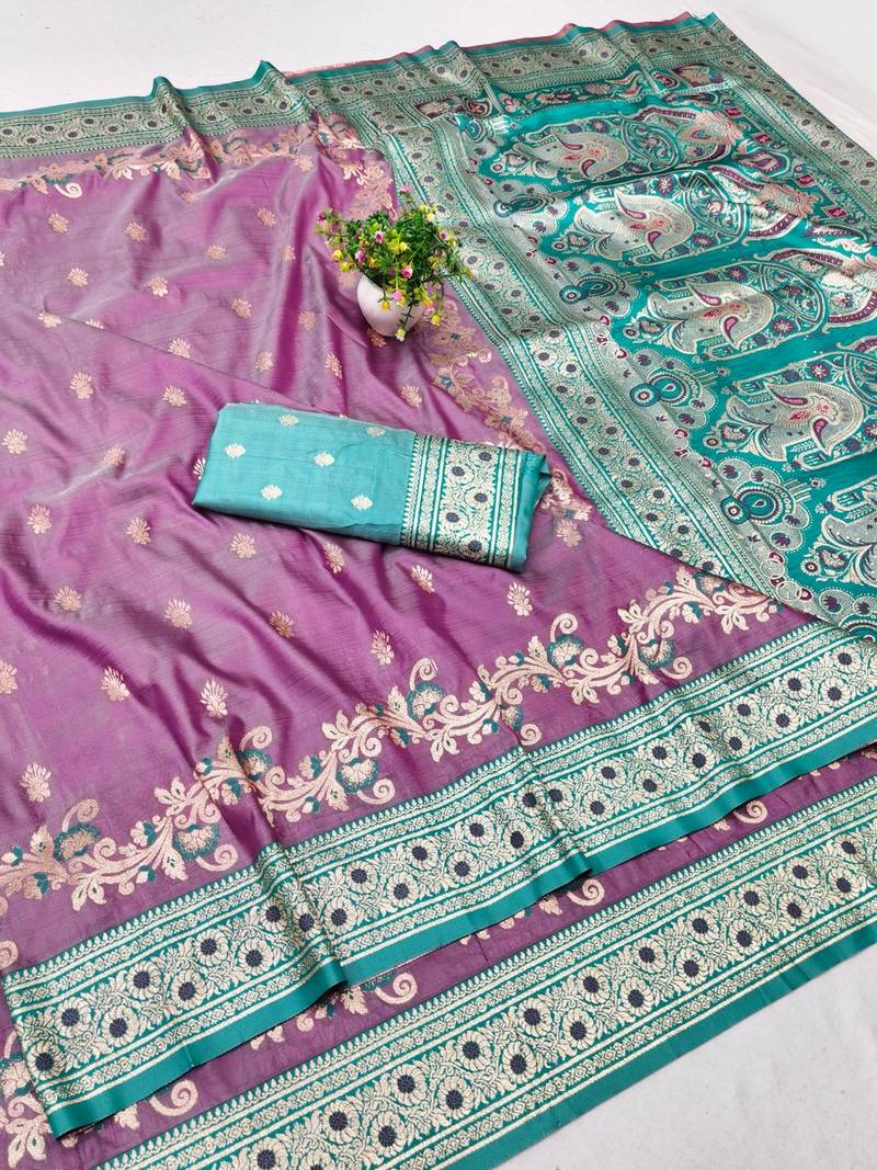 Purple zari woven banarasi silk blend saree with blouse piece