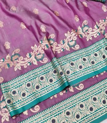 Purple zari woven silk blend saree with blouse piece 3