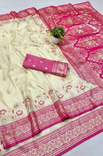 Cream zari woven banarasi silk blend saree with blouse piece