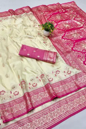 Cream zari woven banarasi silk blend saree with blouse piece