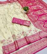 Cream zari woven banarasi silk blend saree with blouse piece