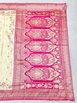 Cream zari woven silk blend saree with blouse piece 2