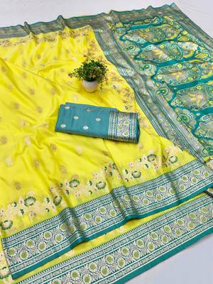 Lime zari woven silk blend saree with blouse piece 1