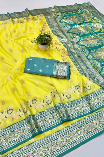 Lime zari woven banarasi silk blend saree with blouse piece