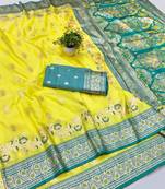 Lime zari woven banarasi silk blend saree with blouse piece
