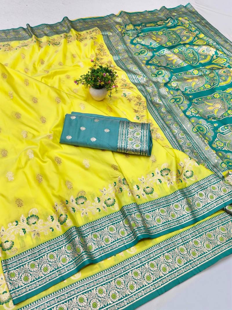 Lime zari woven banarasi silk blend saree with blouse piece
