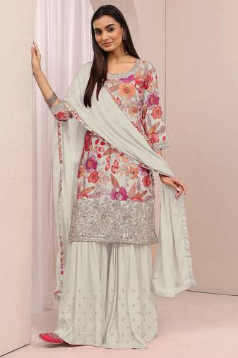 White real chinon sharara salwar suit collection