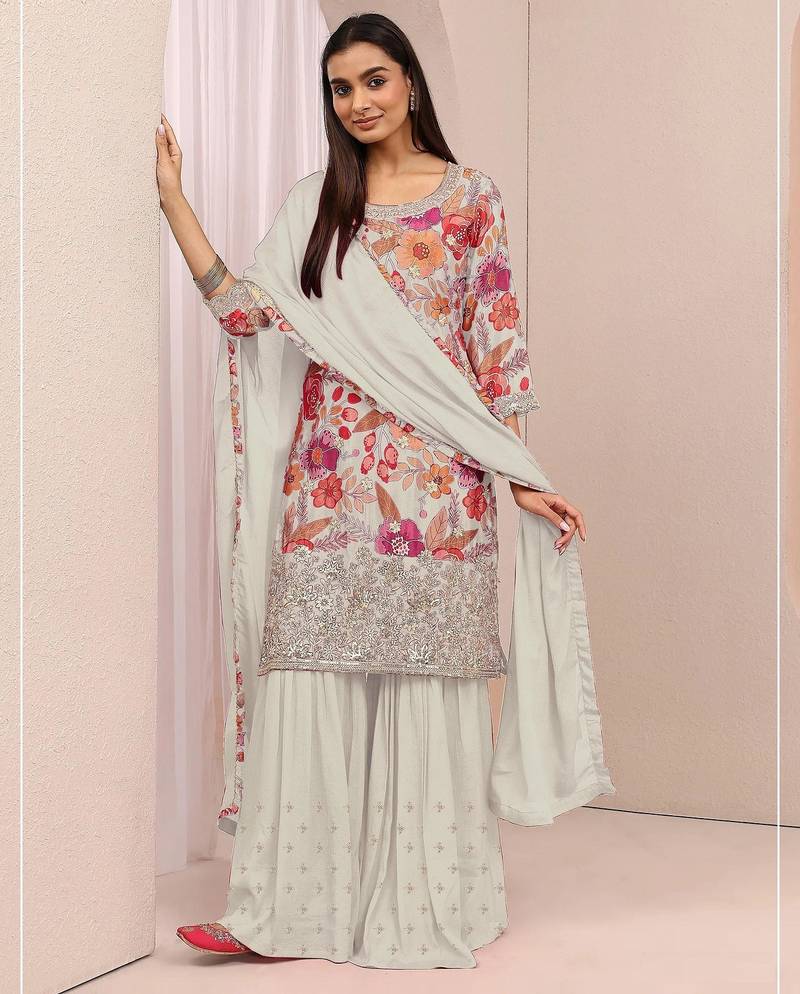 White real chinon sharara salwar suit collection