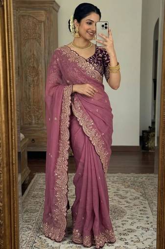 Plum georgette embroidered saree with thread work