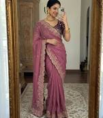 Plum georgette embroidered saree with thread work